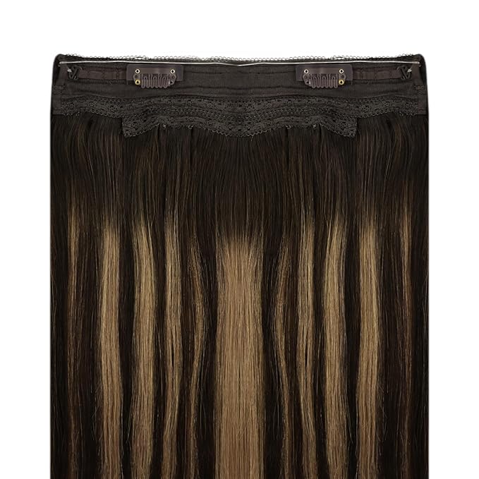 YoungSee 130G Wire Human Hair Extensions Balayage Invisible Wire Hair Extensions Real Human Hair Chocolate Brown Mix Caramel Blonde Couture Hair Extension for Women 20Inch