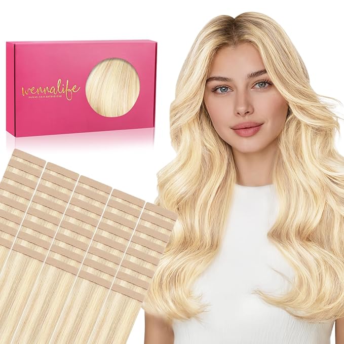 WENNALIFE Tape in Hair Extensions Human Hair, 40pcs 100g 18 inch Balayage Light Wheat Platinum Blonde Hair Extensions Real Human Hair Straight Tape in Extensions Invisible Human Hair Extensions Reusab
