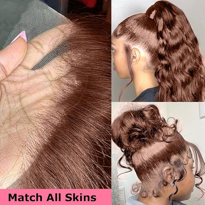 200% Density Chocolate Brown Human Hair Wigs 13x4 Body Wave Lace Front Wig Pre Plucked Chestnut Brown Colored Human Hair Wigs For Women HD Transparent Lace Front Wig 28 Inch