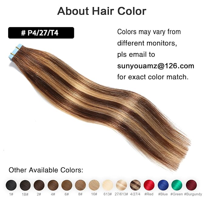 SUYYA Tape in Hair Extensions Human Hair Ombre Chocolate Brown to Caramel Blonde Remy Hair 16 inches 20pcs 40g/pack Straight Seamless Skin Weft Tape in Human Hair Balayage(16 inch #P4/27/T4)