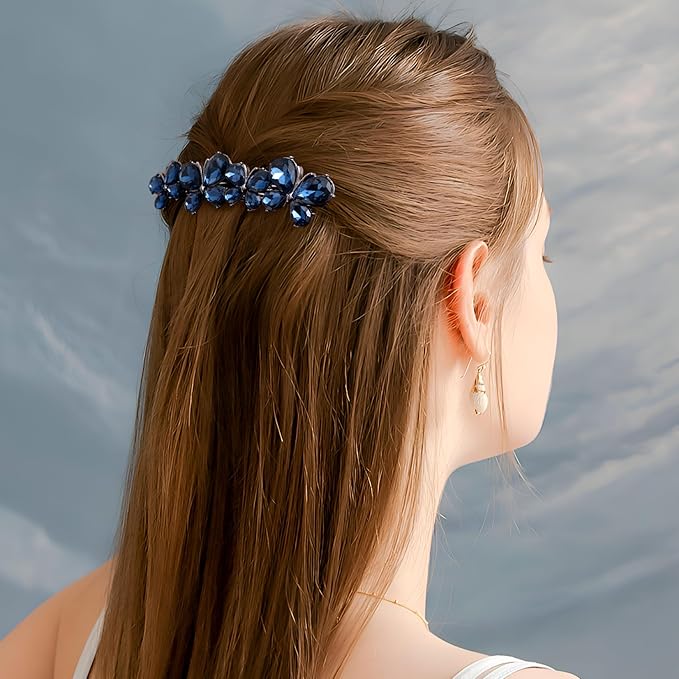 Joez Wonderful Rhinestone Hair Clip Sparkly Crystal Barrettes French Wedding Prom Engagement Pageant First Communion Hair Decorative Accessories for Women Bride Thick Long Hair (Butterfly Blue, 1 Pcs)