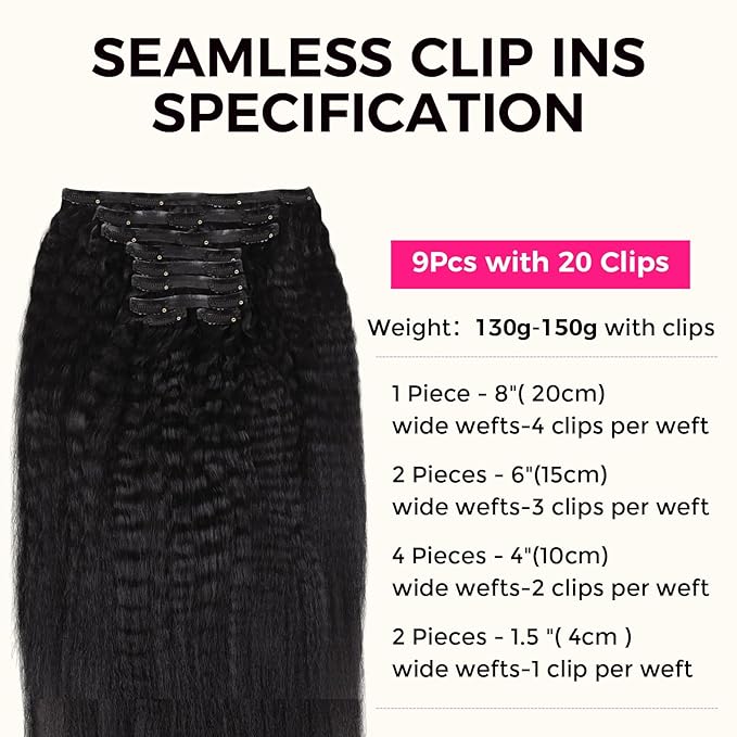 Lashey Seamless Clip in Hair Extensions Human Hair 130g 9pcs #1 Jet Black 16 Inch Kinky Straight Clip in Hair Extensions Real Human Hair with Flat PU Invisi Edge Full Pack