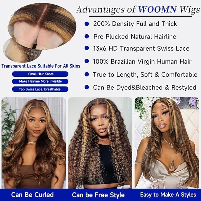 32 Inch Ombre Lace Front Wig Human Hair 13x6 HD Lace Frontal Straight Wigs Human Hair Pre Plucked 200 Density 4/27 Brown Highlight Wigs Colored Longer Life No Tangle No Shedding