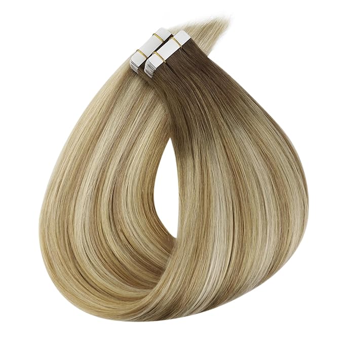 Full Shine Tape in Hair Extensions Color 6 Brown Ombre 27 and 60 Platinum Blonde Tape in Hair Extensions Human Hair Invisible Straight 14 Inch Seamless Remy Skin Weft for Party 20Pcs 50G Add Volume