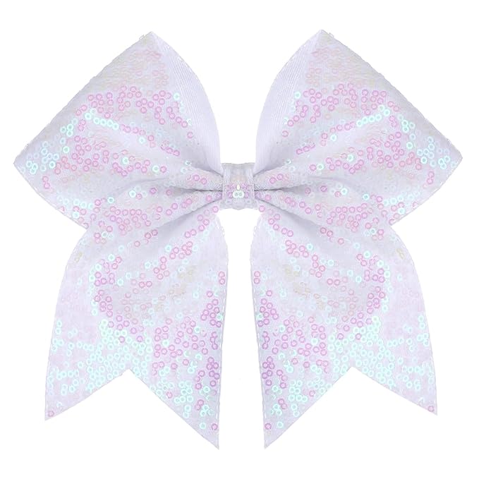 Large Glitter Cheer Bows Clips, Jumbo Big 7 Inch Cheerleading Sequin Hair Bow Hair Accessories for Teens Girls Football Sports Cheerleader Outfit Uniform (White)