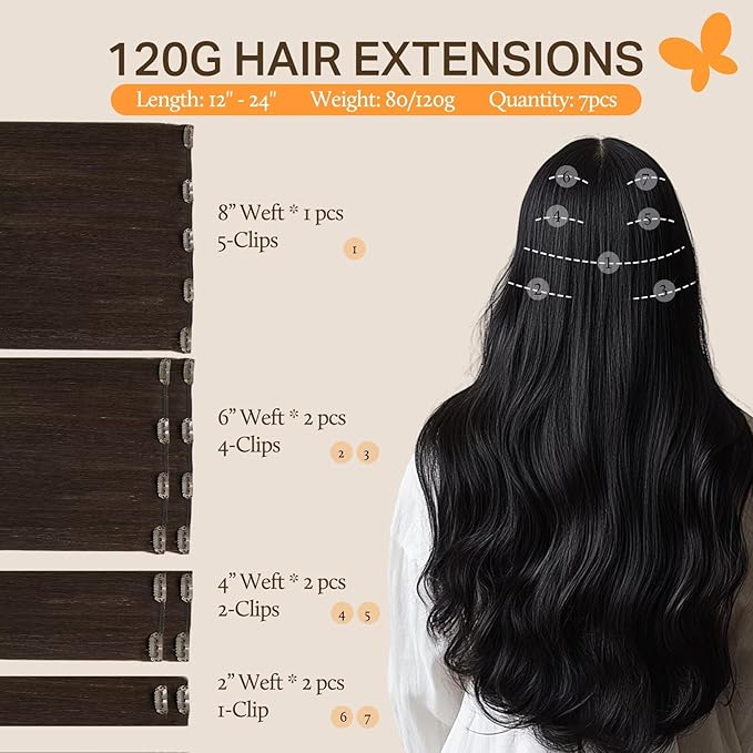 DOORES Human Hair Extensions Clip in Light Dark Brown 16 Inch 120g 7pcs Clip in Remy Hair Extensions Straight Thick Real Natural Hair Extensions