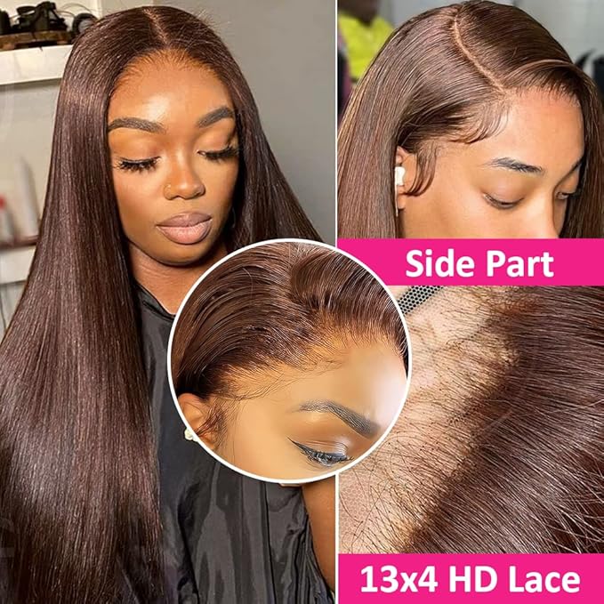 Hermosa 13x4 Chocolate Brown Lace Front Wigs Human Hair 180% Density Straight Chocolate Lace Frontal Human Hair Wig Pre Plucked Hairline 4# Brown Wig 16 Inch