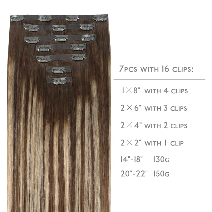 WENNALIFE Seamless Clip In Hair Extensions Human Hair, 24 Inch 160g 7pcs Balayage Chocolate Brown to Honey Blonde Hair Extensions Clip In Invisible PU Skin Weft Real Human Hair Extensions Clip In