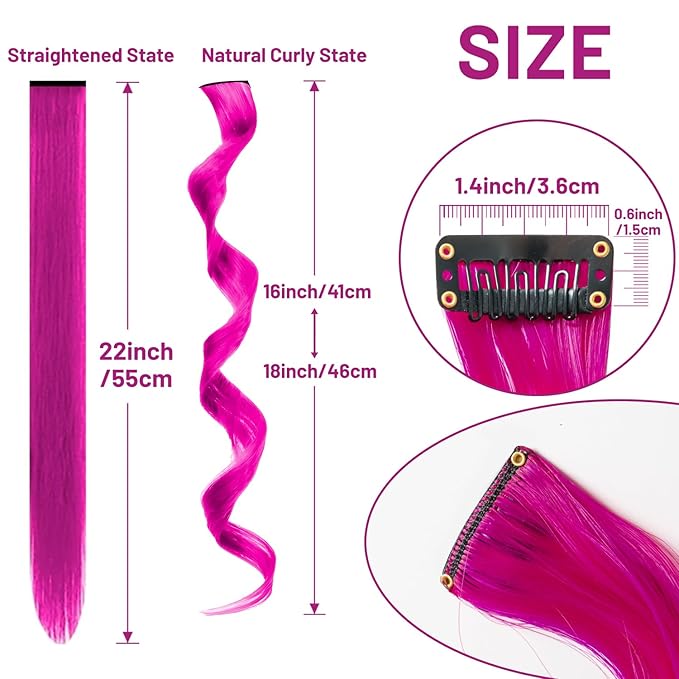 16 Pcs Colored Hair Extensions Curly Wavy Clip in Synthetic Hair Extensions,Colorful Party Highlights Hairpiece Streak for Girls Women Kids Cosplay Party Gift(Rose Purple)
