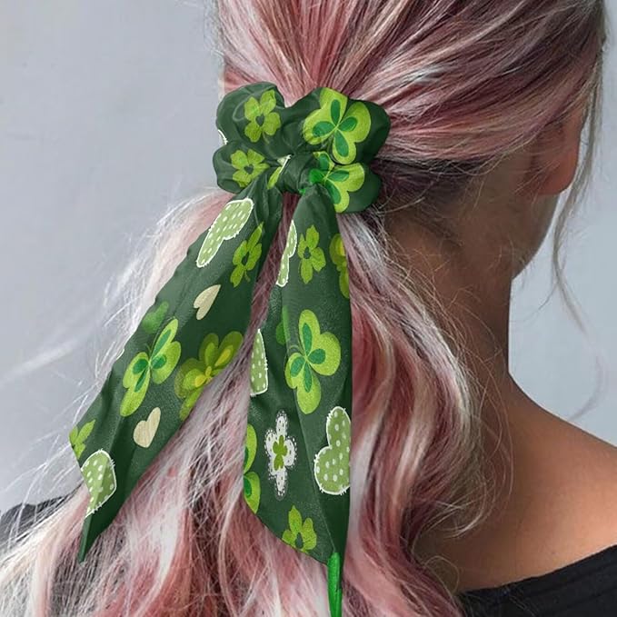 Green Leaf Hair Scrunchies with Ribbon Pack of 2 St Patricks Day Ribbon Bow Hair Ties for Girls No Damage Scarf Scrunchies Knotted Bow