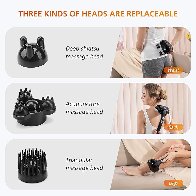 Snailax Cordless Handheld Back Massager with Heat, Deep Tissue Percussion Massager, 3 Sets of Dual Pivoting Heads,Rechargeable Hand Held Massager for Neck,Back Shoulder,Calf,Legs