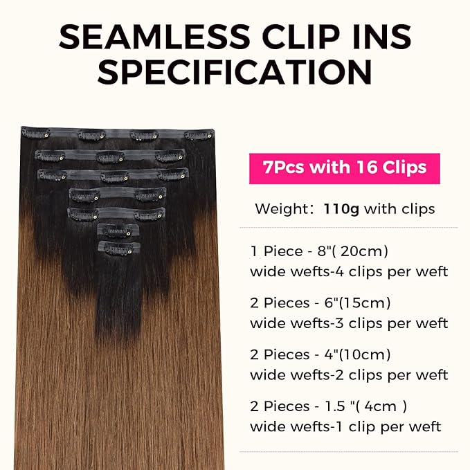 Lashey Seamless Clip in Hair Extensions Human Hair Ombre Natural Black to Medium Auburn Light Yaki Straight Clip in with PU Soft Invisi Edge 110g 7pcs 16 Inch Hair Extensions