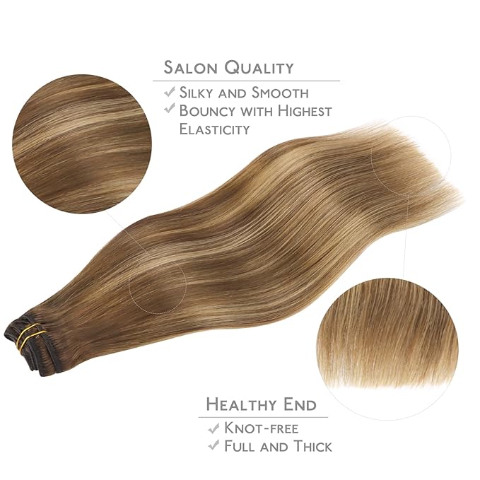 WENNALIFE Clip in Hair Extensions Real Human Hair, 14 Inch 120g 7pcs Human Hair Extensions Clip In Human Hair, Balayage Chestnut Brown Mixed Dirty Blonde Hair Extensions Clip In Real Hair Remy Human