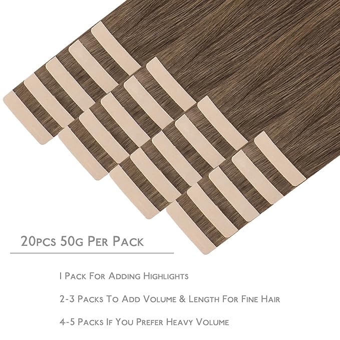 WENNALIFE Tape in Hair Extensions Human Hair, 20pcs 50g 20 inch Light Ash Brown Remy Hair Extensions Straight Human Hair Tape in Extensions Skin Weft Tape Extensions Human Hair