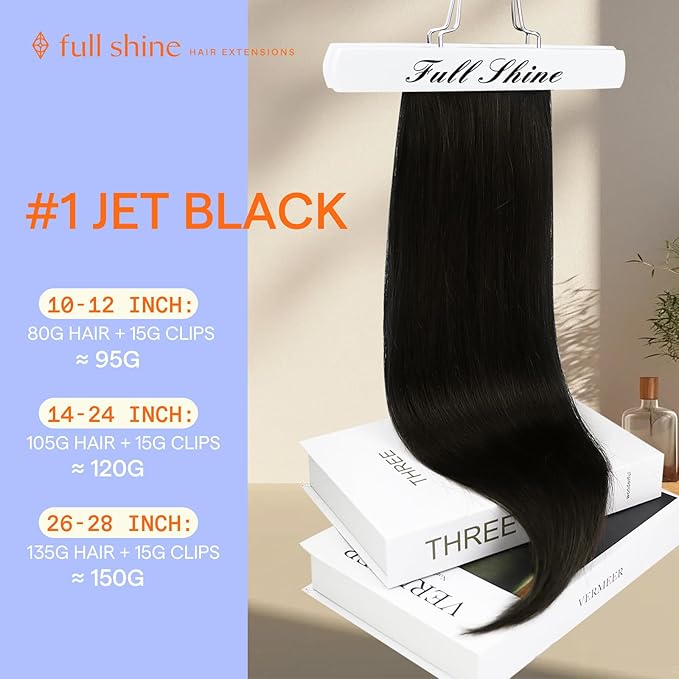 Full Shine Human Hair Clip in Extensions Black Clip in Hair Extensions Jet Black Brazilian Hair Triple Weft Straight Real Hair Extensions for Women 20 Inch 7 Pcs 120 G