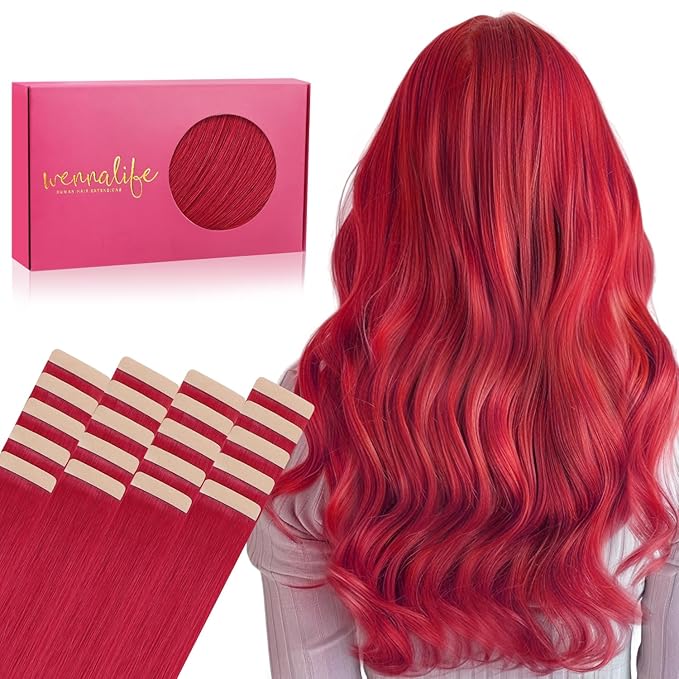 WENNALIFE Tape in Hair Extensions Human Hair, 20pcs 30g 10 inch Red Remy Hair Extensions Straight Human Hair Tape in Extensions Skin Weft Tape Extensions Human Hair