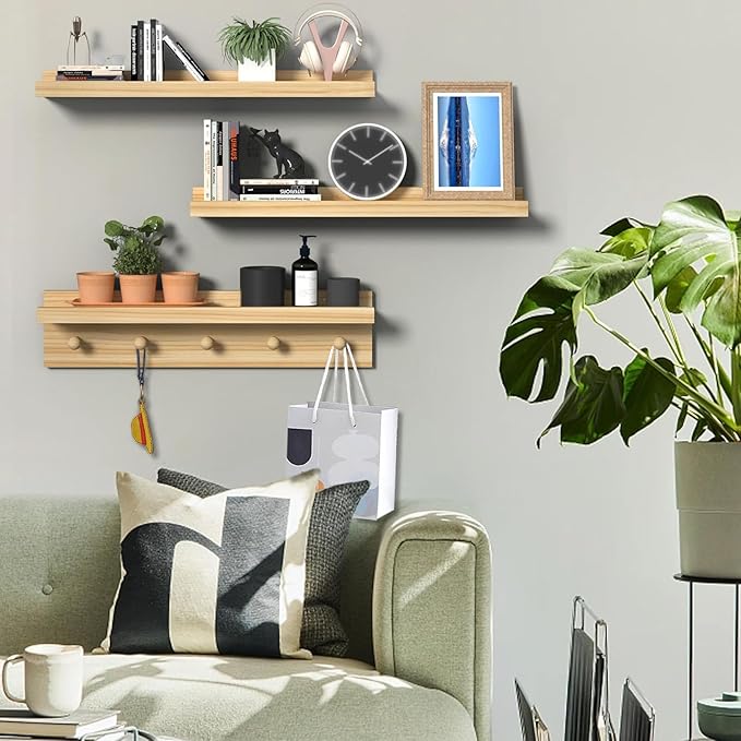 MBYD Natural Wood Floating Shelves, Unfinished Wood Picture Ledge, 24 Inch Picture Ledge for Kids Room, Floating Nursery Book Shelf with Hooks for Living Room, Kitchen, Bathroom