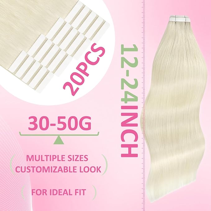 YoungSee Blonde Tape in Hair Extensions Human Hair Tape in Extensions Platinum Blonde Hair Extension Tape-in Blonde 14 Inch 50g Tape-in Extension Remy Human Hair 20pcs Glue in Extension for Wedding