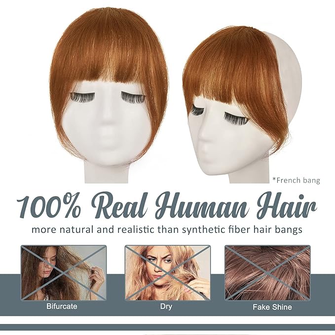 BARSDAR Real Human Hair Clip in Bangs - 100% Human Hair Clip in Bangs for Women - Auburn French Bangs Extensions Fringe with Temples Dyeable Real Hair Bangs Hairpieces - Medium Auburn
