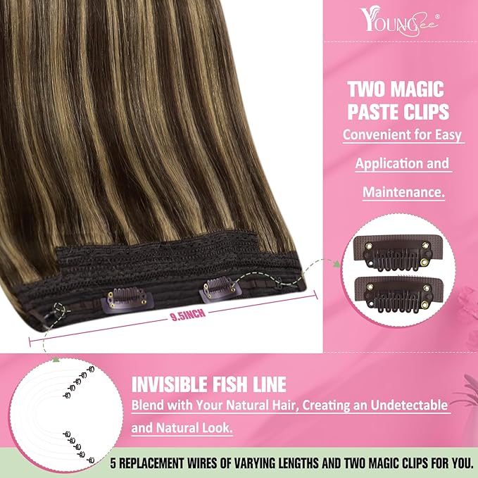 YoungSee Wire Hair Extensions Highlight Wire Human Hair Extensions Dark Brown Highlights Caramel Blonde One Piece Hair Extension Short Straight Hair 12inch 70g
