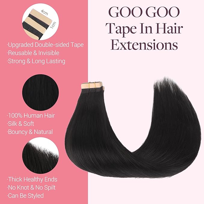 GOO GOO Tape in Hair Extensions Human Hair, 1B Natural black, 12inch 40g 20pcs, Skin Weft Seamless Invisible, Silky Straight with Thick Ends, Remy Human Hair