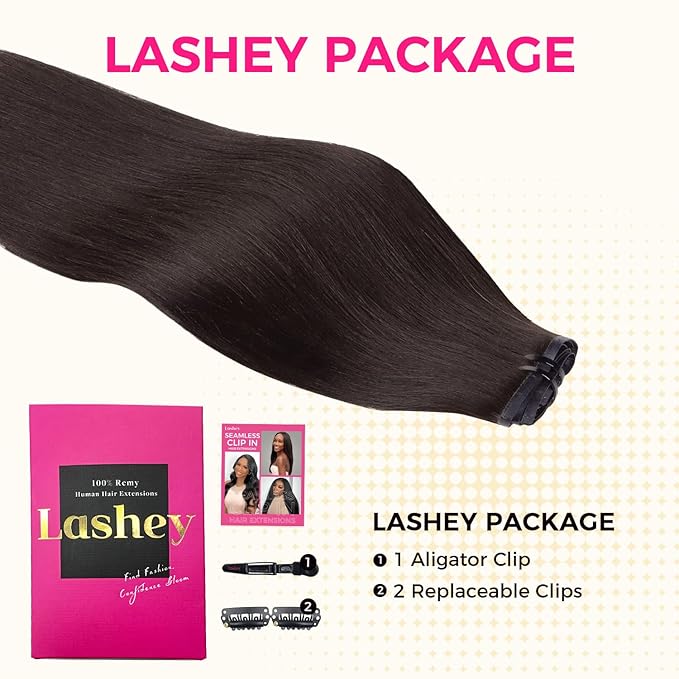 Lashey Seamless Clip in Hair Extensions Human Hair 130g 18 Inch 9pcs #2 Dark Brown Light Yaki Straight Full Pack Clip in Hair Extensions for Women