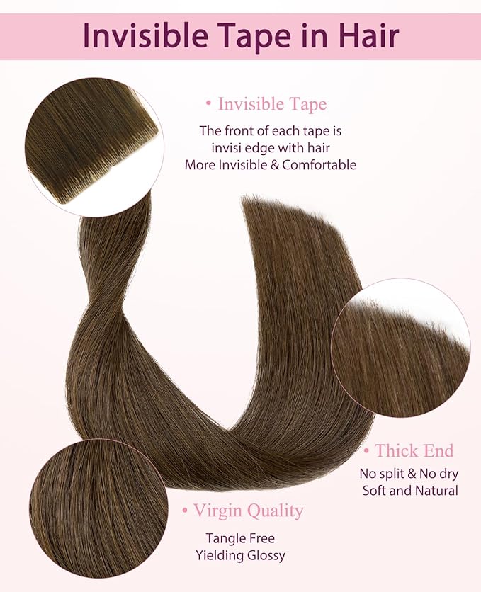 Pinkpearl Invisible Tape in Hair Extensions Human Hair, 20pcs 22inch 60g #4 Chocolate Brown Injection Tape in Extensions Real Remy Straight Seamless Silky Human Hair Injected