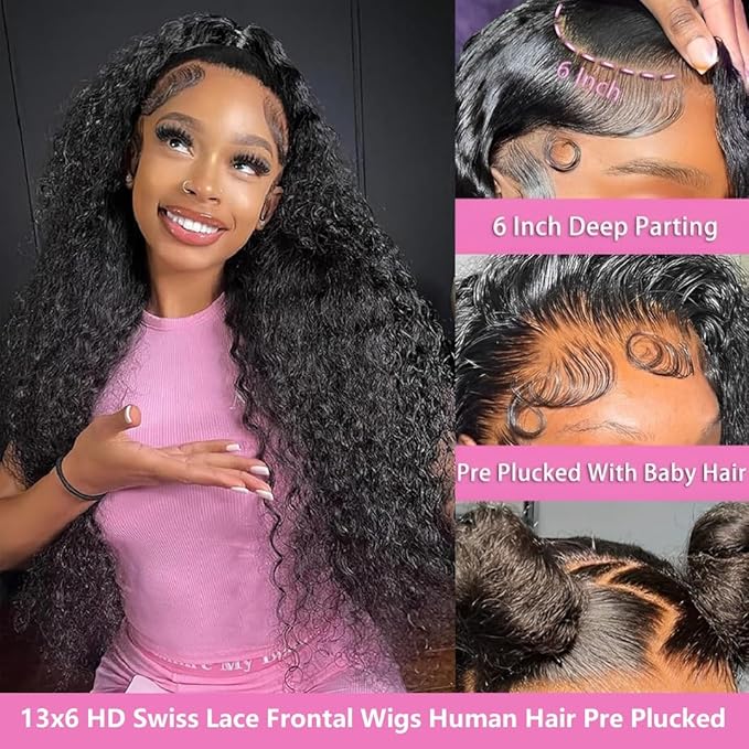 18 Inch 13x6 Deep Wave Lace Front Wigs Human Hair 200 Density 13x6 HD Lace Front Wigs Human Hair Pre Plucked Deep Curly Glueless Wig 100% Virgin Human Hair Lace Front Wigs for Women