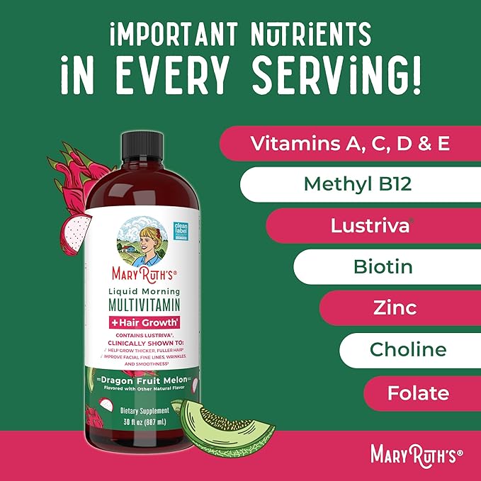 MaryRuth's Liquid Multivitamin+Hair Growth | Clinically Tested for Thicker Hair & Facial Wrinkles in Women | Biotin 10000mcg | Lustriva Hair Growth Supplement | Skin Care | Age 18+ | 30 Fl Oz