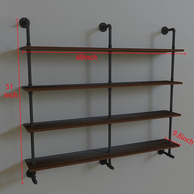 Industrial Pipe Wall Shelves Pipe Shelving with Real Wood Plank,60 Inches Floating Shelves for Wall Farmhouse Pipe Book Shelves Dark Brown 4 Tier for Kitchen,Living Room Decor and Bar Shelving