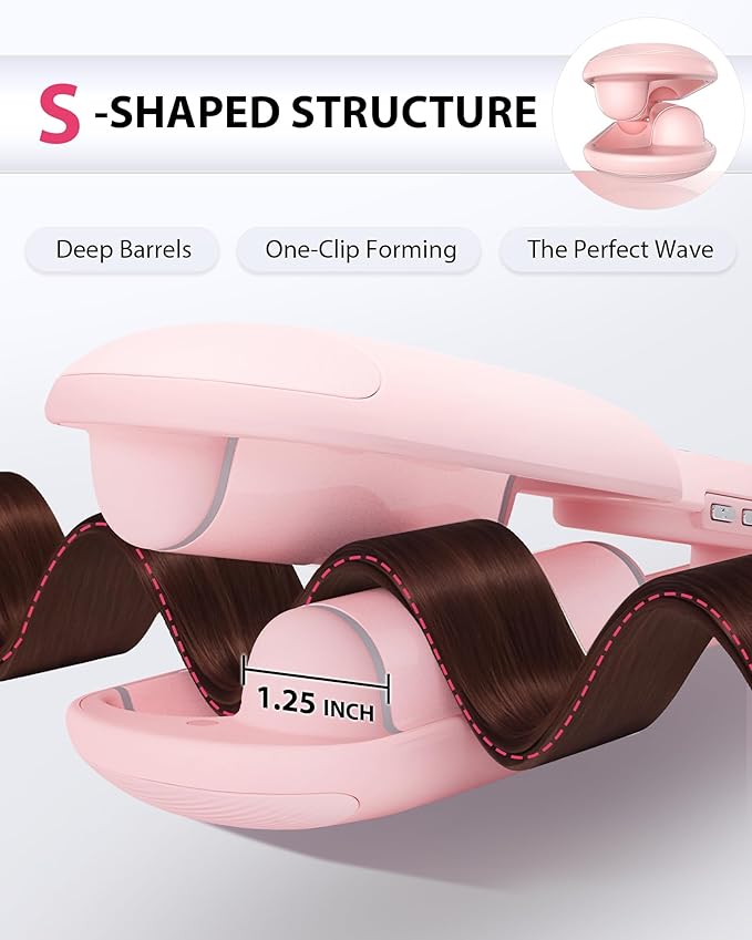 NOVUS 1.25 Inch Curling Iron,Hair Crimper- Beach Wave Hair Waver with Anti-Scald & Negative Ion Technology, Hair Crimper Ceramic Barrel for Tangle-Free Waves on All Hair Types, Pink
