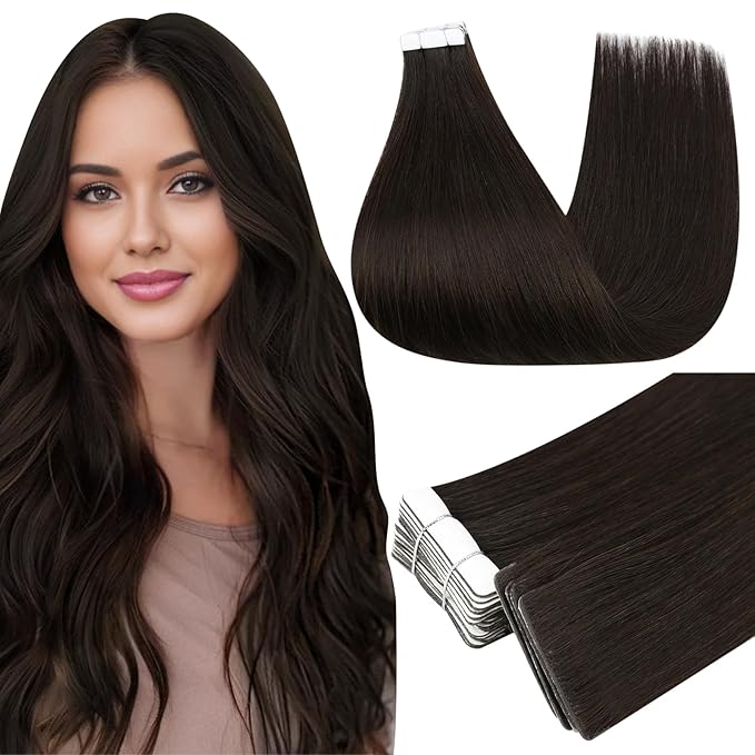 Full Shine 24 Inch Injection Tape in Hair Extensions Color 2 Dark Brown Seamless Machine Invisible Injected Tape ins Human Hair Extensions Straight Remy Add Length 50 Grams 20 Pcs