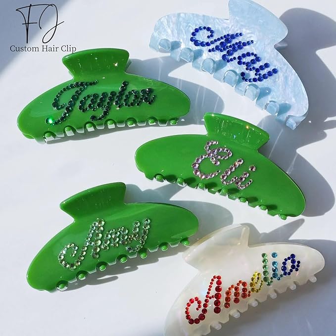 Personalized Colorful Name Hair Claw Clips for Women,Custom Hair Clips with Diamond,Cute Hair Accessories 4",Handmade Rhinestones Hair Clamp Gifts for Mom,Bride,Wife,Bridesmaid,Couples（Green）