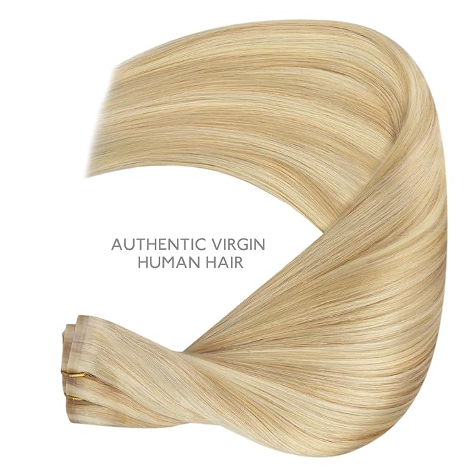 WENNALIFE Seamless Clip In Hair Extensions Human Hair, 12 Inch 80g 7pcs Light Blonde Highlighted Golden Blonde Real Hair Extensions Clip in Human Hair Invisible PU Skin Weft Natural Remy Hair