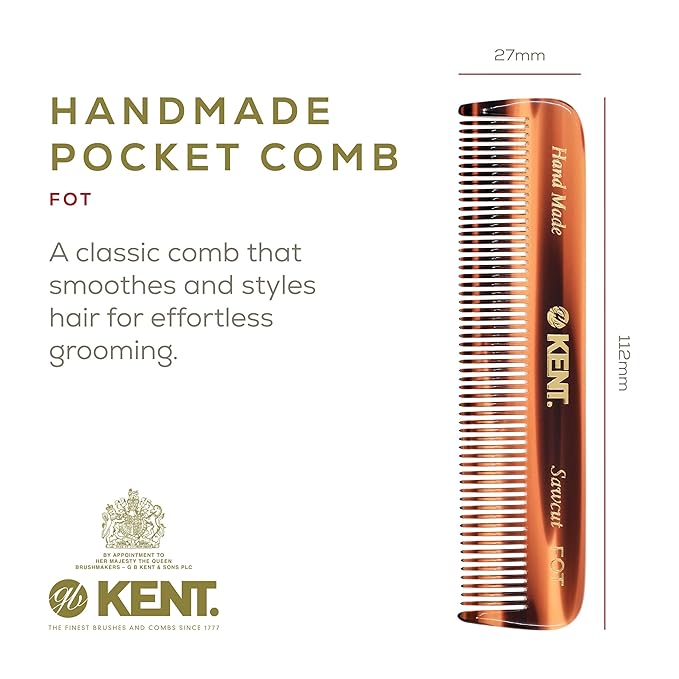 Kent A FOT Handmade Tortoiseshell All Fine Tooth Pocket Comb for Men, Hair Comb Straightener for Everyday Grooming Styling Hair, Mustache Beard, Saw Cut and Hand Polished, Made in England