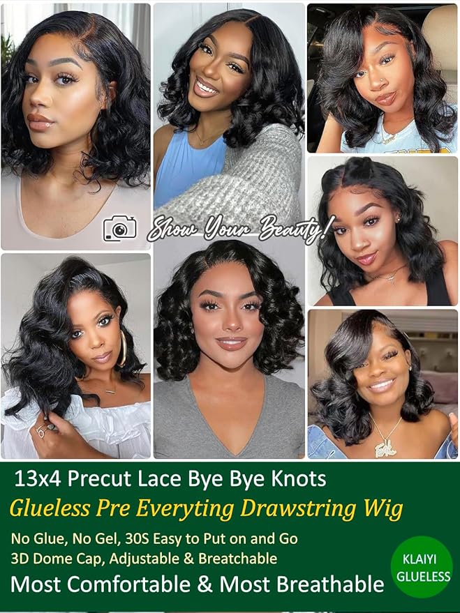 KLAIYI Light Yaki Straight Bob Loose Wave Pre Everything 13x4 Lace Front Wigs Human Hair Precut Lace Pre Plucked Bleached Glueless Wear and Go Wigs for Women Bye Bye Knots Wig Beginner Friendly 12Inch
