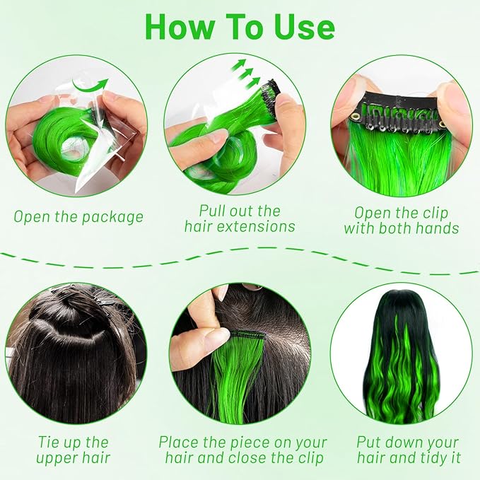 16 Pcs Colored Hair Extensions Curly Wavy Clip in Synthetic Hairpiece Streak,Colorful Hair Christmas New Year Cosplay Party Highlights for Girls Women Kids Gift(Neon Green)