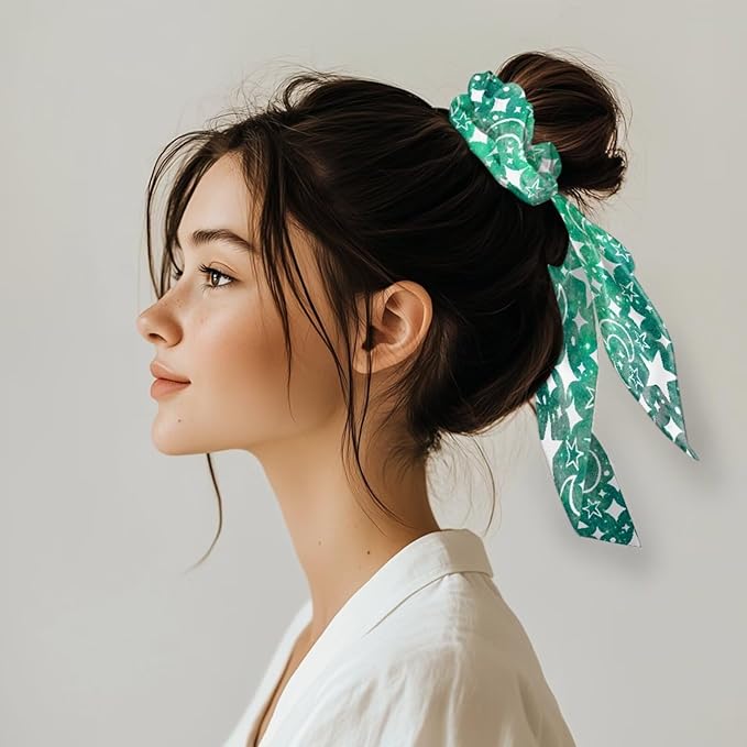 Pack of 2 Star Knotted Bow Hair Scrunchies Elastic Hair Scarf Green Pink Ribbon Scrunchies with Long Tails Stylish Silky Scrunchy Decor