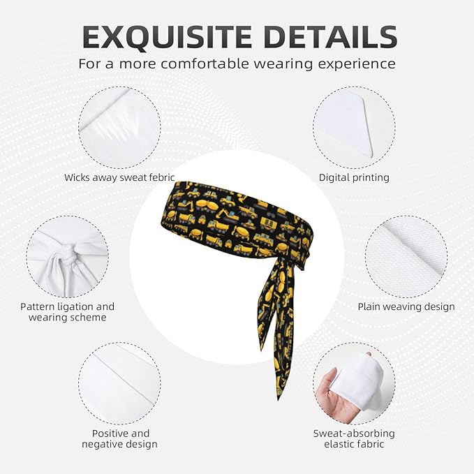 Men Women Sports Sweat Bands, Multifunction Long Head Ribbon for Yoga Workout Shower, Fashion Cool Black Yellow Buldozer Excavator Construct Machines Headwear Hair Decor