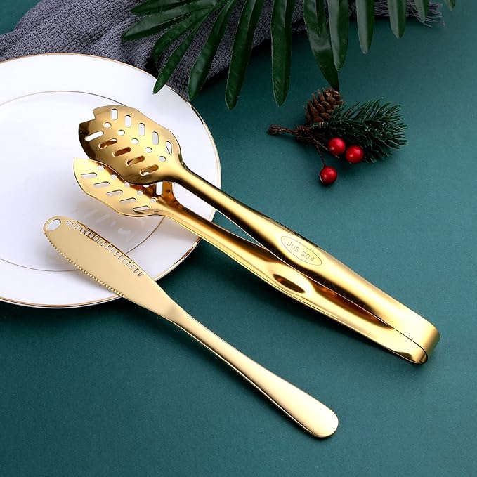 Gold Serving Utensils, OGORI 8-Piece Polished Stainless Steel Flatware Silverware Set Include Serving Spoon, Slotted Spoon, Cake Server, Soup Ladle, Fork, Salad Fork, Butter Knife, Serving Tong