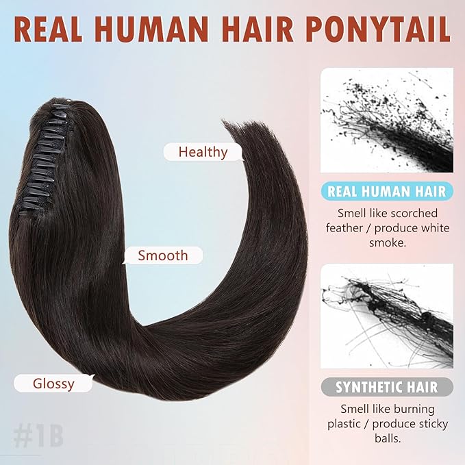 Hairro Claw Clip Ponytail Human Hair Extensions Jaw On Ponytails Remy Long Straight Jaw/Claw Clips Pony Tail Hairpieces For Women 14 Inch 105g 1B Natural Black