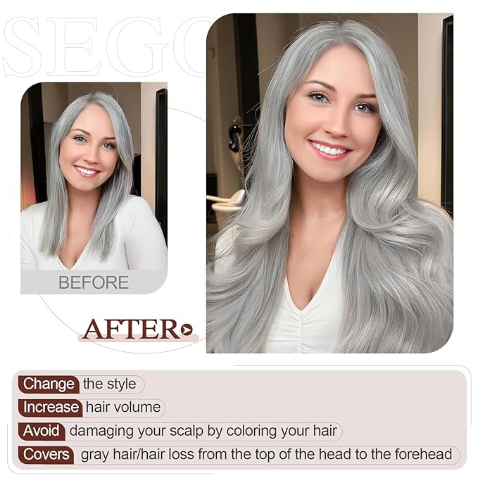 SEGO Hair Topper for Women, No Bangs Real Human Hair Topper with Anti-Slip Clips (6 Inches #Grey)