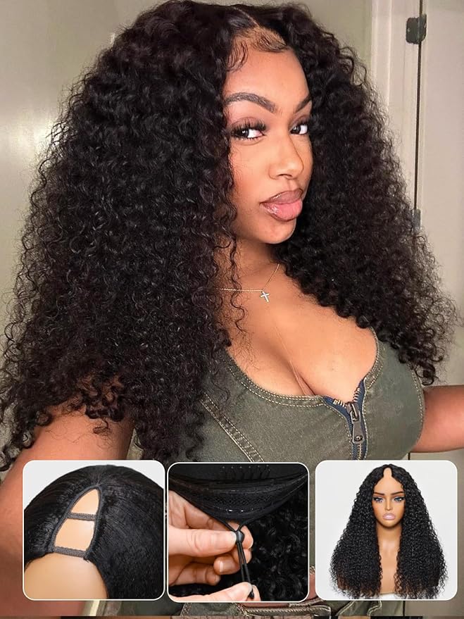 YIROO EasiContour V Part Wigs Human Hair Jerry Curly Glueless Human Hair Wigs Upgraded U Part Curly Wigs No Leave Out No Gel V Shape Clip in Half Wig Beginner Friendly Ready to Go Wig 20 inch