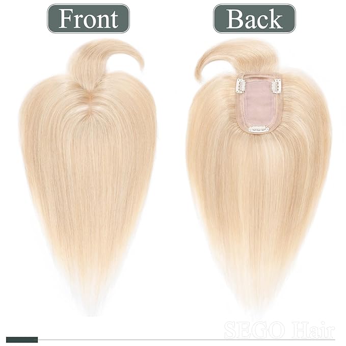 SEGO Hair Toppers for Women Real Human Hair with Thinning, with Front Bangs Clip in Toppers Straight 150% Density Silk Base -16 Inch #18/613 Ash Blonde Mix Bleach Blonde