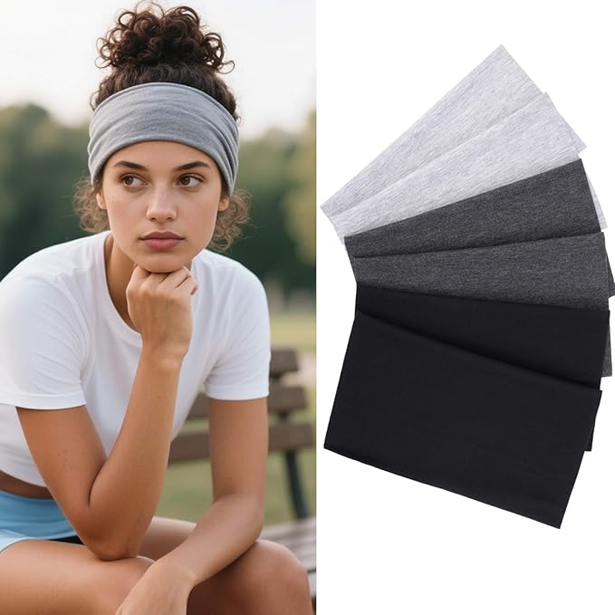 Headbands for Women, 4 inches Wide, 6 Packs Stretchy Sweat Bands, Hair Accessories for Yoga Workout Non Slip Women's Hair Bands Every Day Fashion, Black, White, Grey