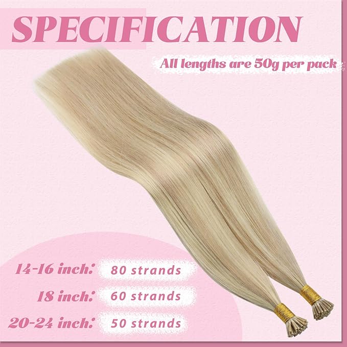 YoungSee I Tip Hair Extensions Blonde I Tip Hair Extensions Human Hair Ash Blond with Blonde Highlight Itip Hair Extension 18 Inch 60s 50g I-Tips Human Hair Extension Natural Looking