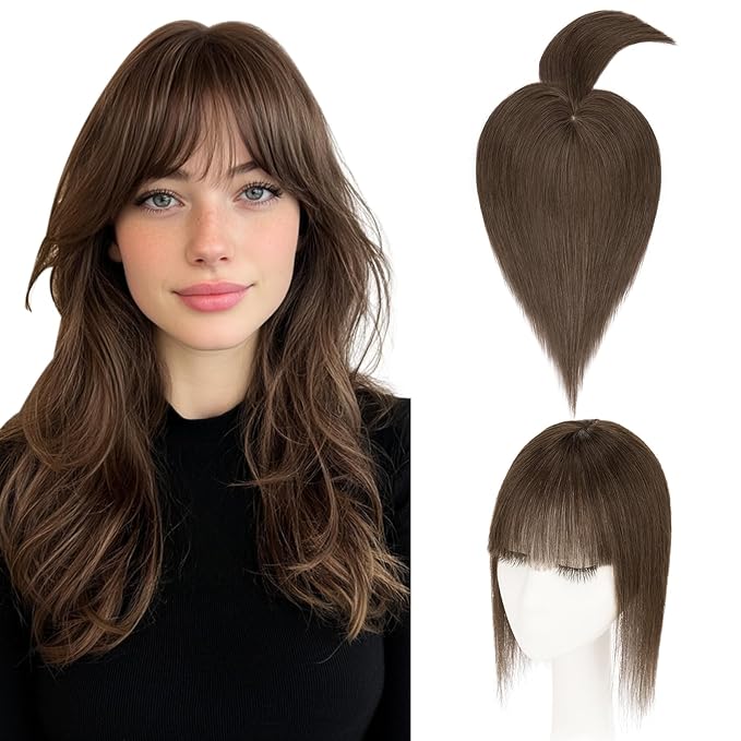 Hairro Mono Hair Toppers with Bangs, 3.4" x 3.4" Mono Base 100% Real Human Hairpieces for Women, 150% Density Clips In Topper for Greyish Thinning Hair, 16 Inch Cocoa Brown