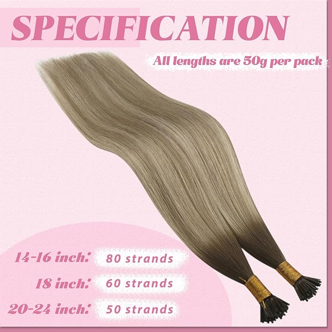 YoungSee I Tip Hair Extensions Ombre Itip Human Hair Extensions Ombre Dark Brown to Brown with Blonde Keratin Tip Extension 18In Cold Fusion Hair Extension Balayage 60s 50g