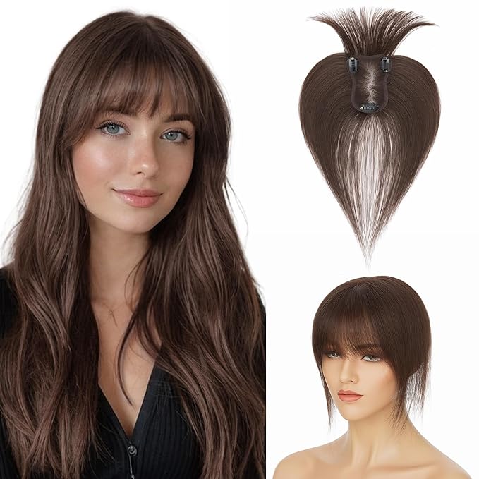 Human Hair Topper with Bangs for Women, 360° Cover Clip in Fringe Bangs Hair Toppers Hair Piece Dark Brown-3.15x4.33 Hand-tied Base (Dark Brown)