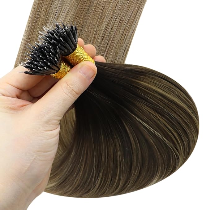 YoungSee Nano Extensions Human Hair Ombre 22 Inch Nano Ring Hair Extensions Human Hair Balayage Dark Brown with Blonde Nanobead Hair-Extension Real Hair or Wedding 50s 50g